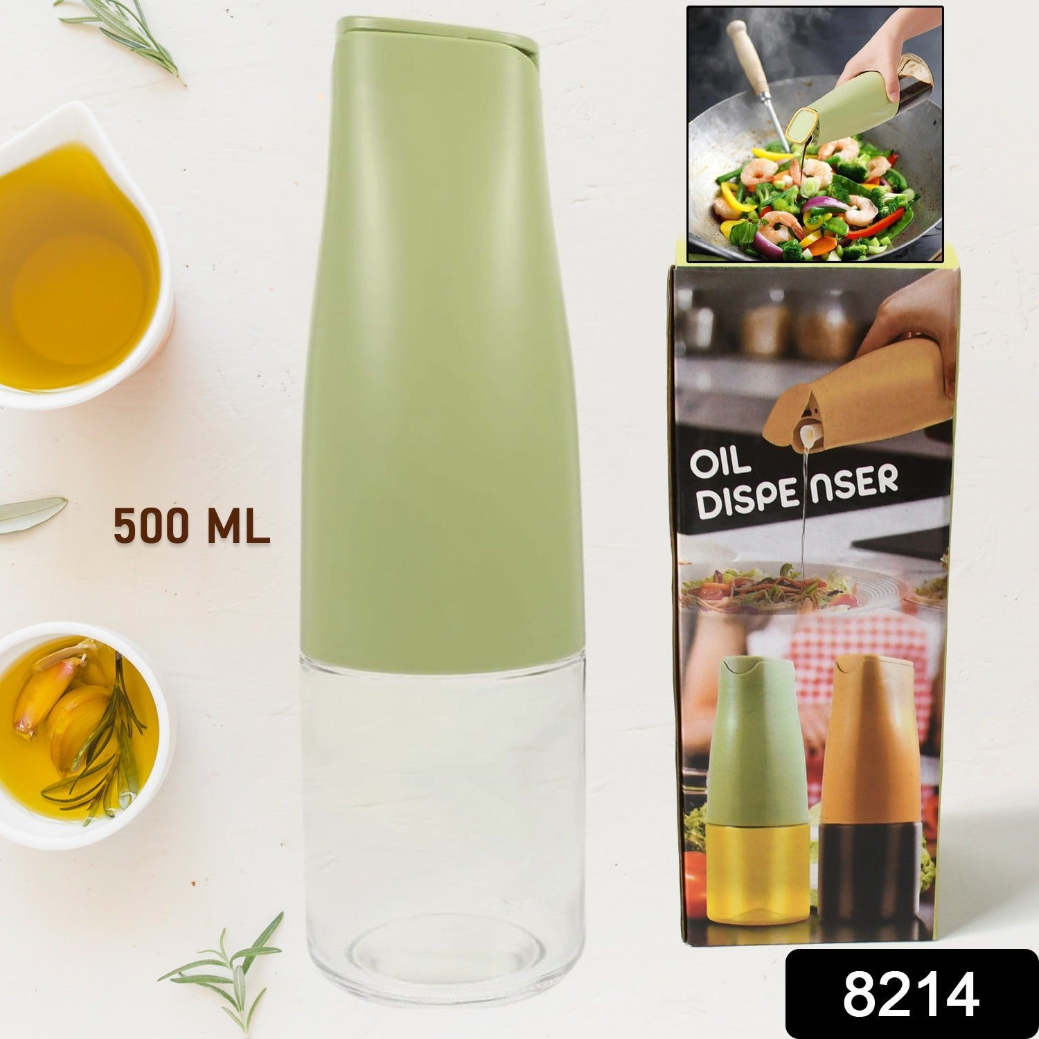 Close-up of the non-drip spout of the 500ml oil dispenser during pouring.