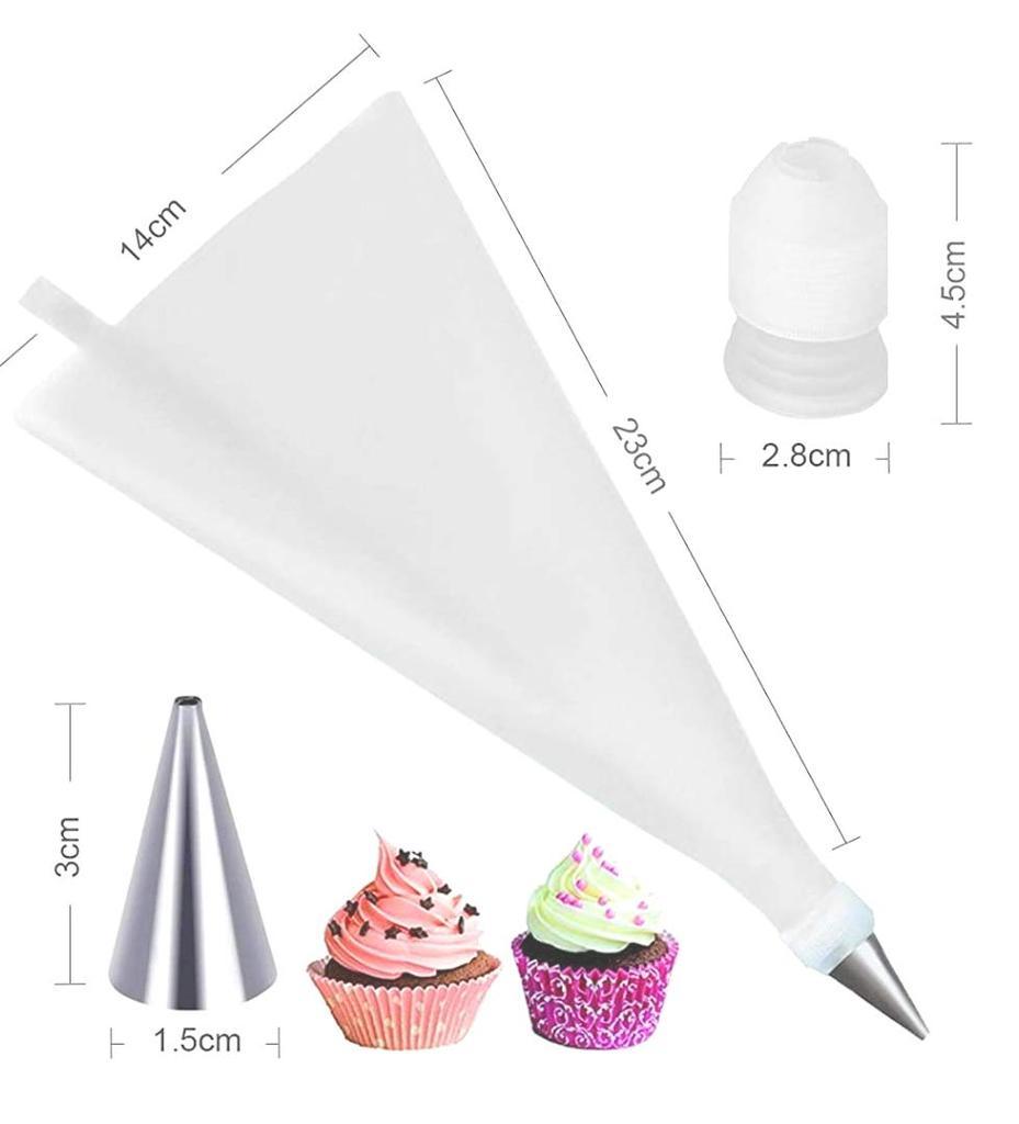 Hands demonstrating how to use a piping bag with a stainless steel nozzle to decorate a cupcake.