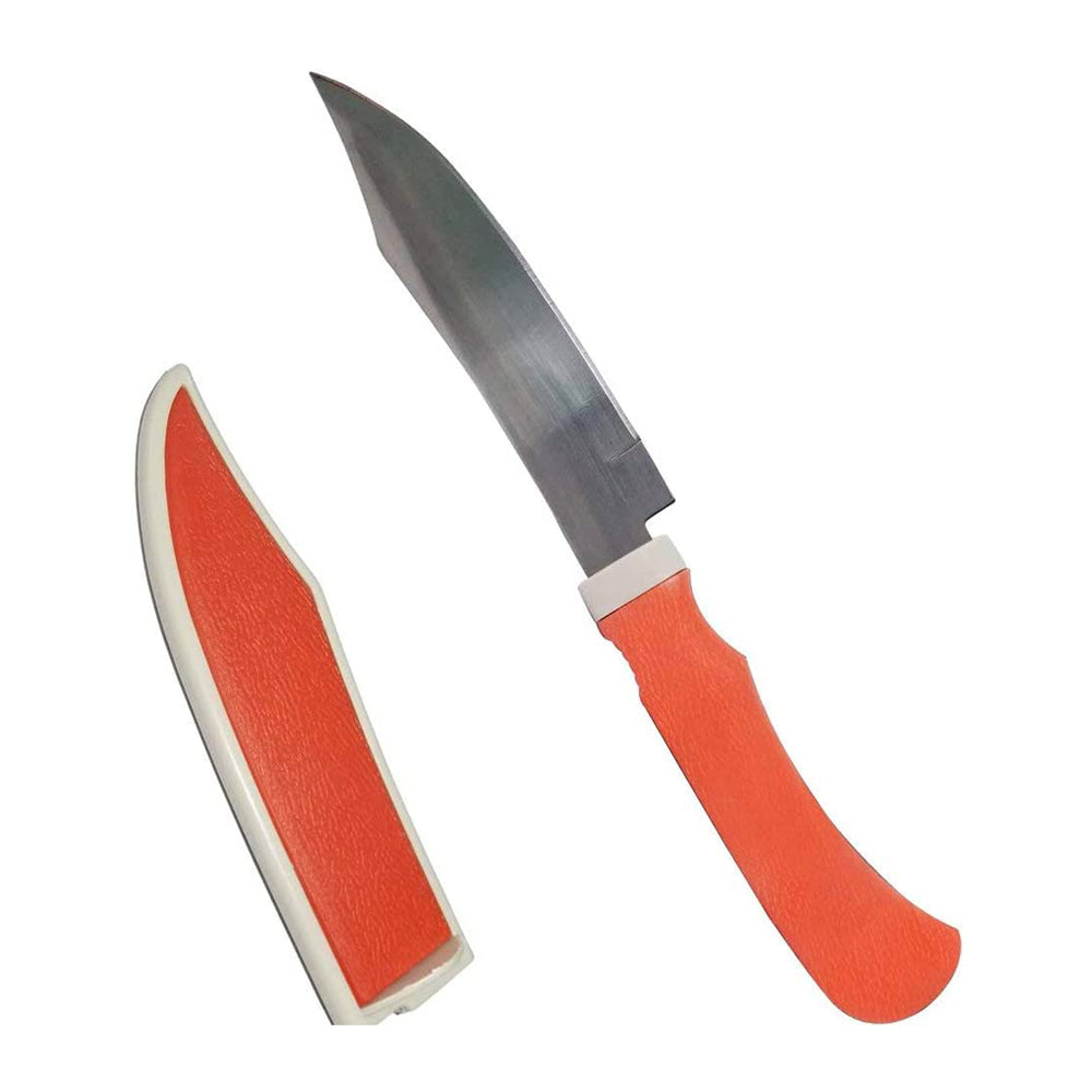 Compact ceramic kitchen knife with a protective sheath, ready for everyday use.