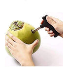 Detailed shot of the durable stainless steel coconut opener.