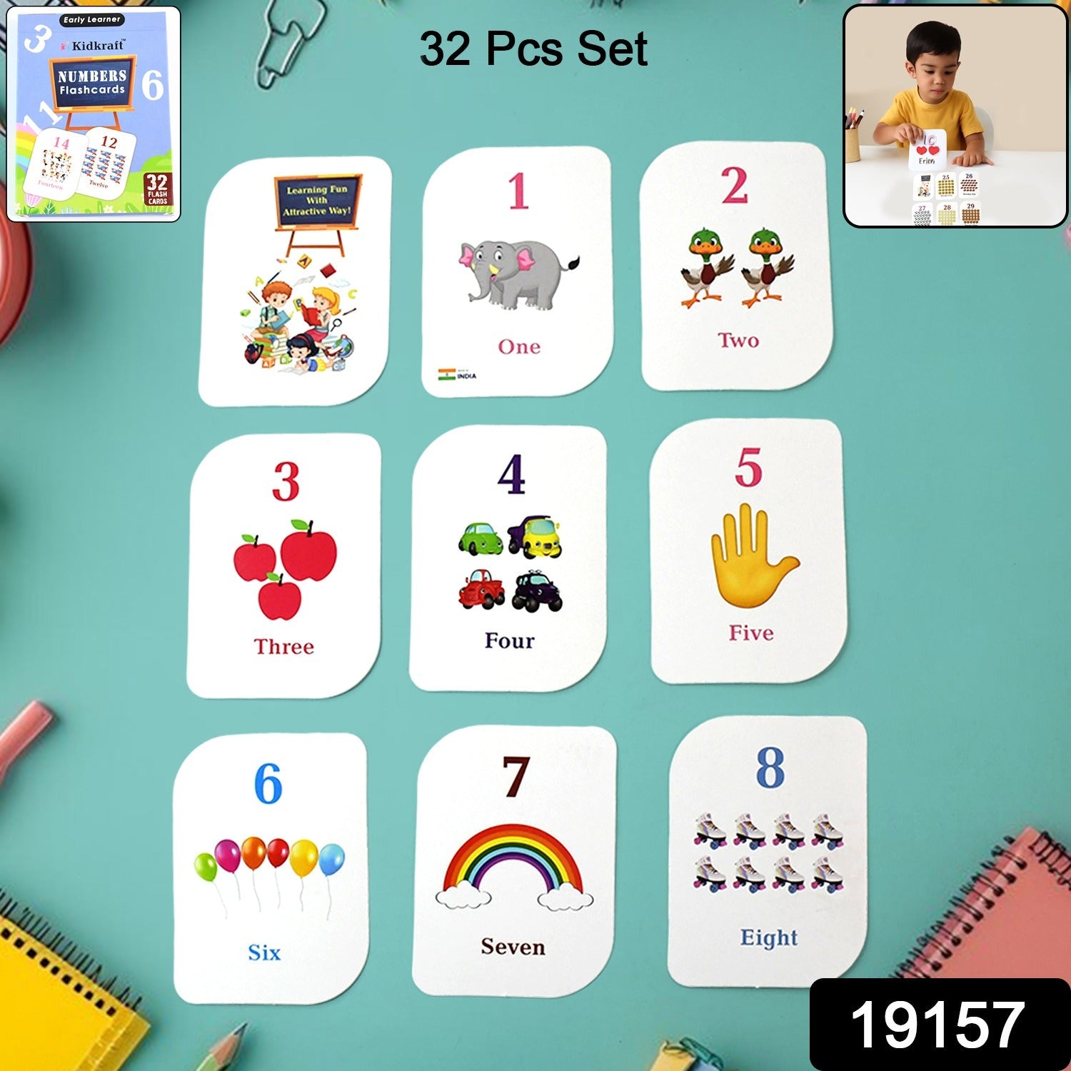 Bright counting flashcards showing numbers and matching images for toddlers