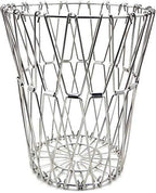 Compact foldable fruit basket in stainless steel, shown in its collapsed form for easy storage.