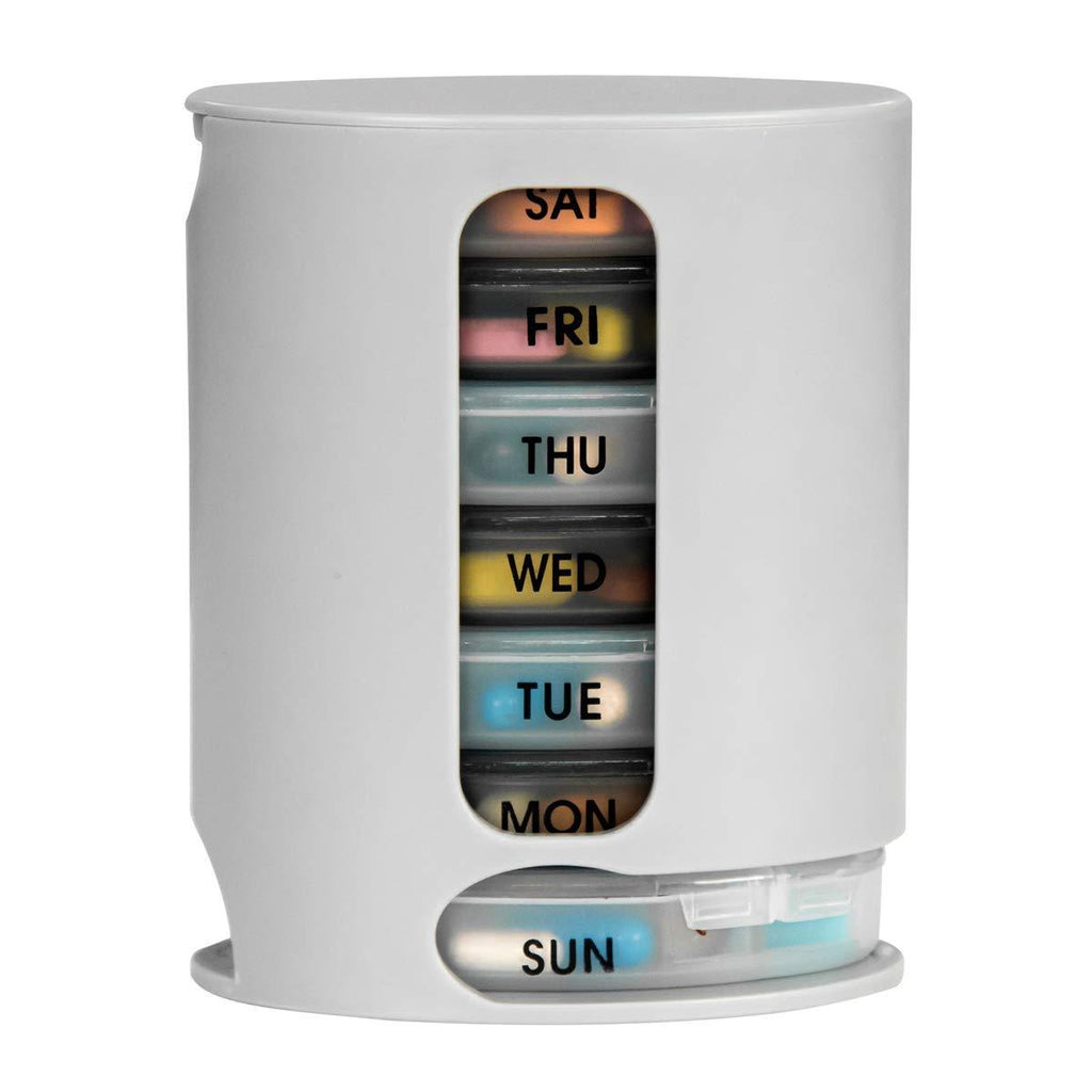 Close-up of a single daily tray from the 7-day pill organizer, showing four labeled compartments.