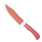 Ceramic kitchen knife with a durable plastic blade cover for enhanced safety.
