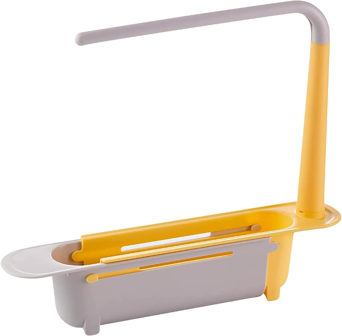 The grey telescopic sink storage rack extended to its maximum length, demonstrating its adaptability.