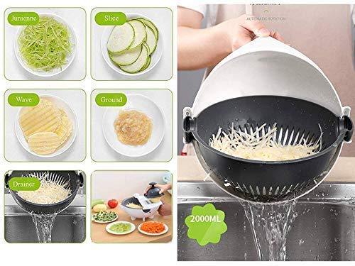 Focus on the rotating drain basket and various slicing options available with this efficient kitchen gadget.