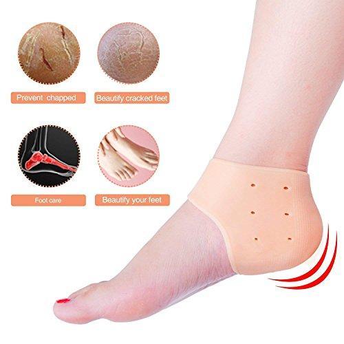Silicone gel heel socks demonstrated on feet, showing their comfortable fit and design.