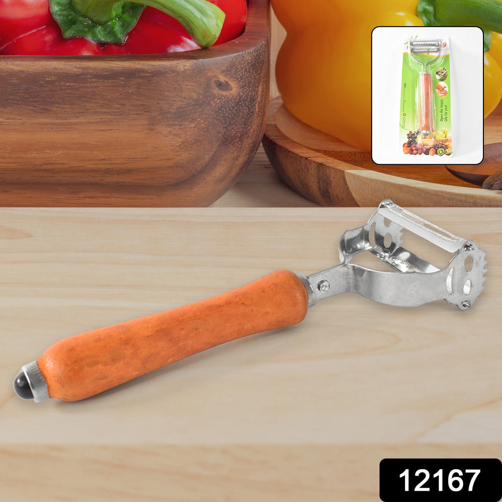 Wooden handle vegetable peeler with stainless steel blade on white background