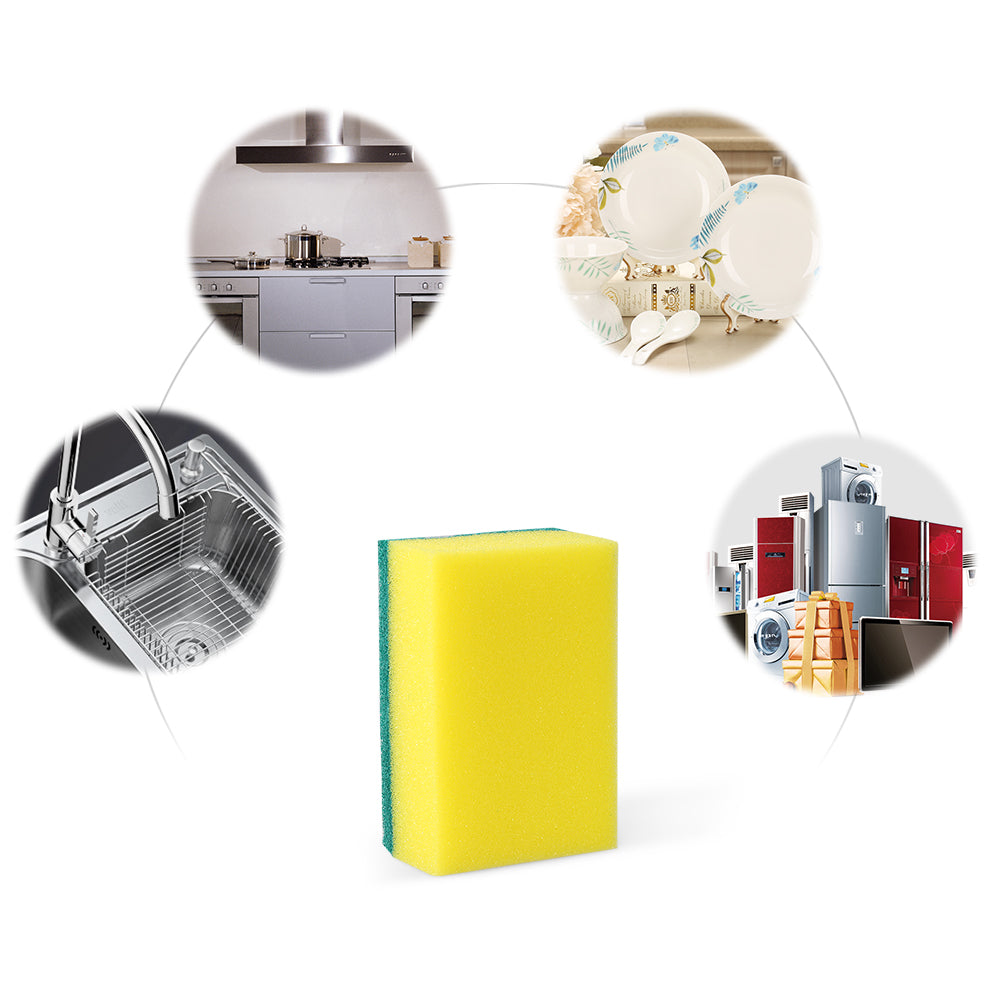 Multipurpose 2-in-1 scrub sponge suitable for various surfaces in kitchen and bathroom.
