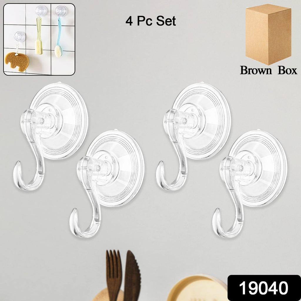 Set of four transparent plastic suction cup hooks for walls or glass
