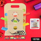 Kids enjoying the zigzag wooden ramp racer track with colourful cars.