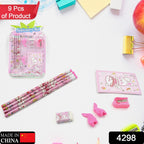 Complete 9-piece kids' stationery kit with wooden pencils and diary.