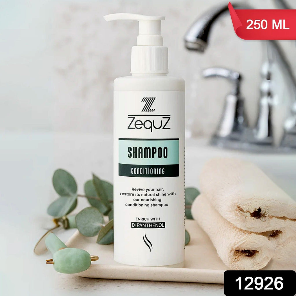 Close-up image of Zequz hair shampoo packaging for all hair types