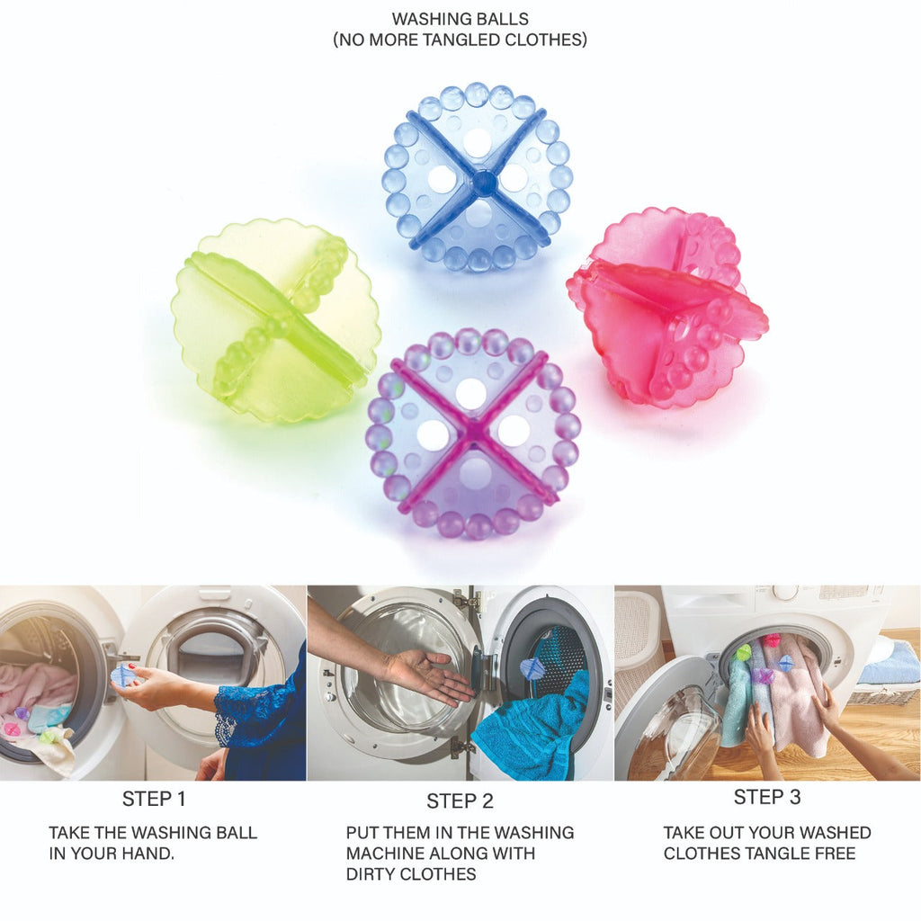 Detergent-free washing balls in a pack of 4, ready for use in any machine.