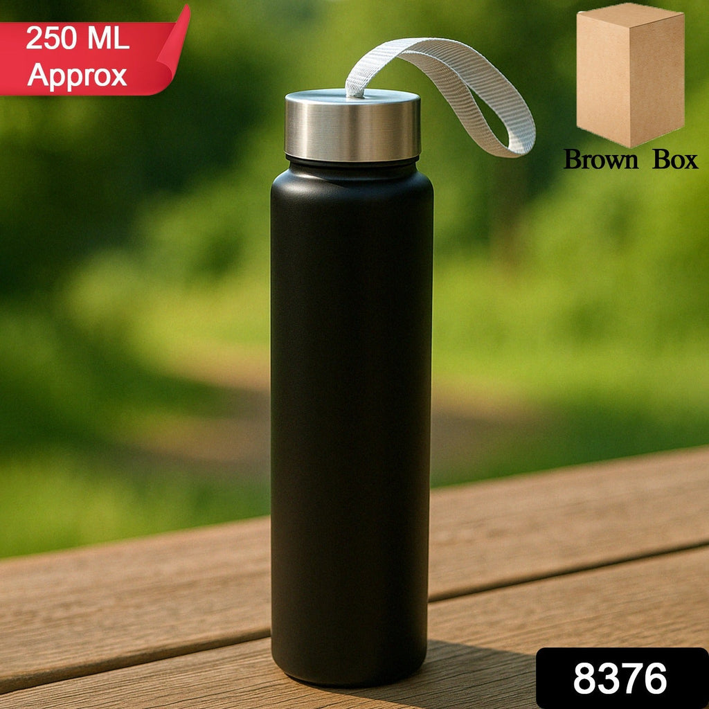 Sleek insulated stainless steel water bottle suitable for travel with strap