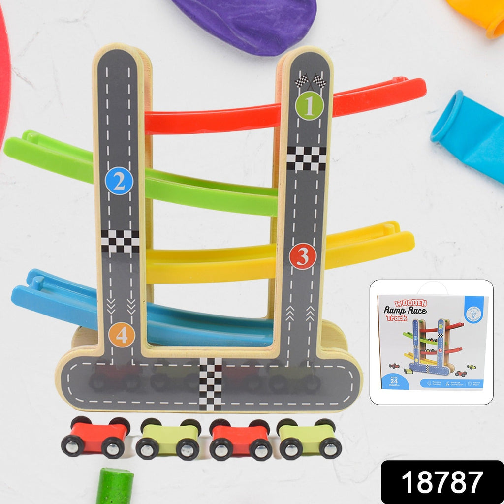 Side view of the wooden race track with a yellow car gliding down a ramp.