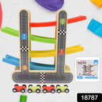Side view of the wooden race track with a yellow car gliding down a ramp.
