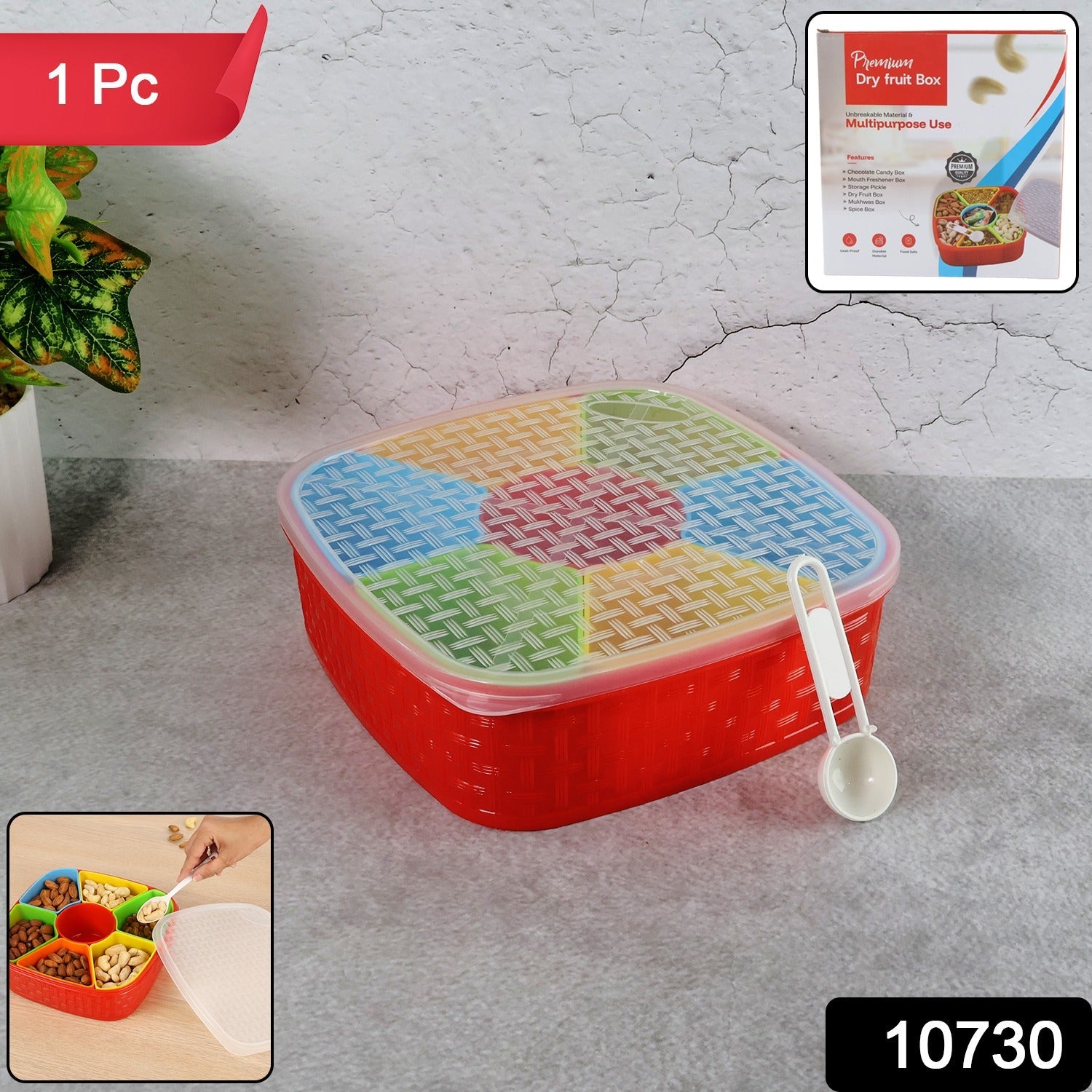 Top view showing dry fruit snack box compartments filled with assorted snacks