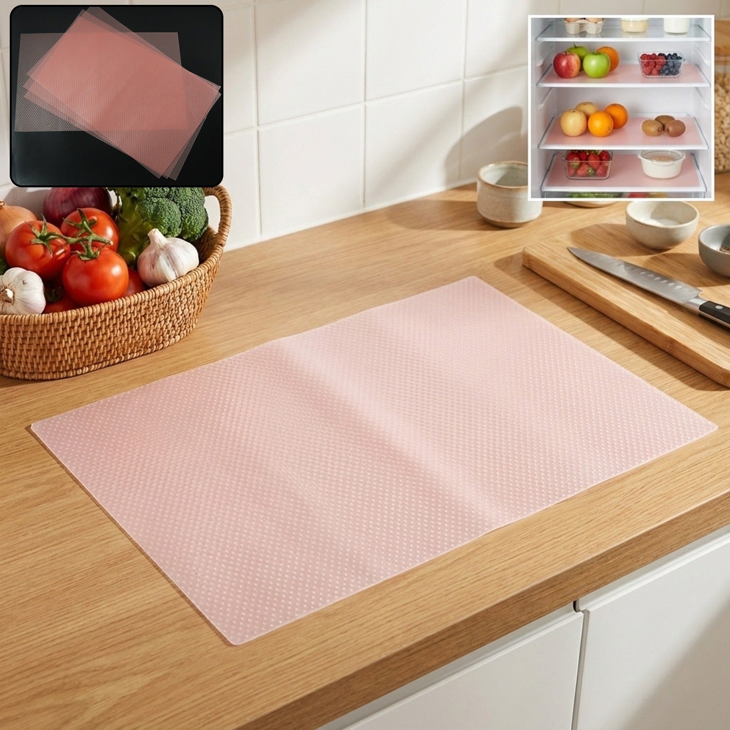 Transparent fridge mat protecting a refrigerator shelf from spills and stains