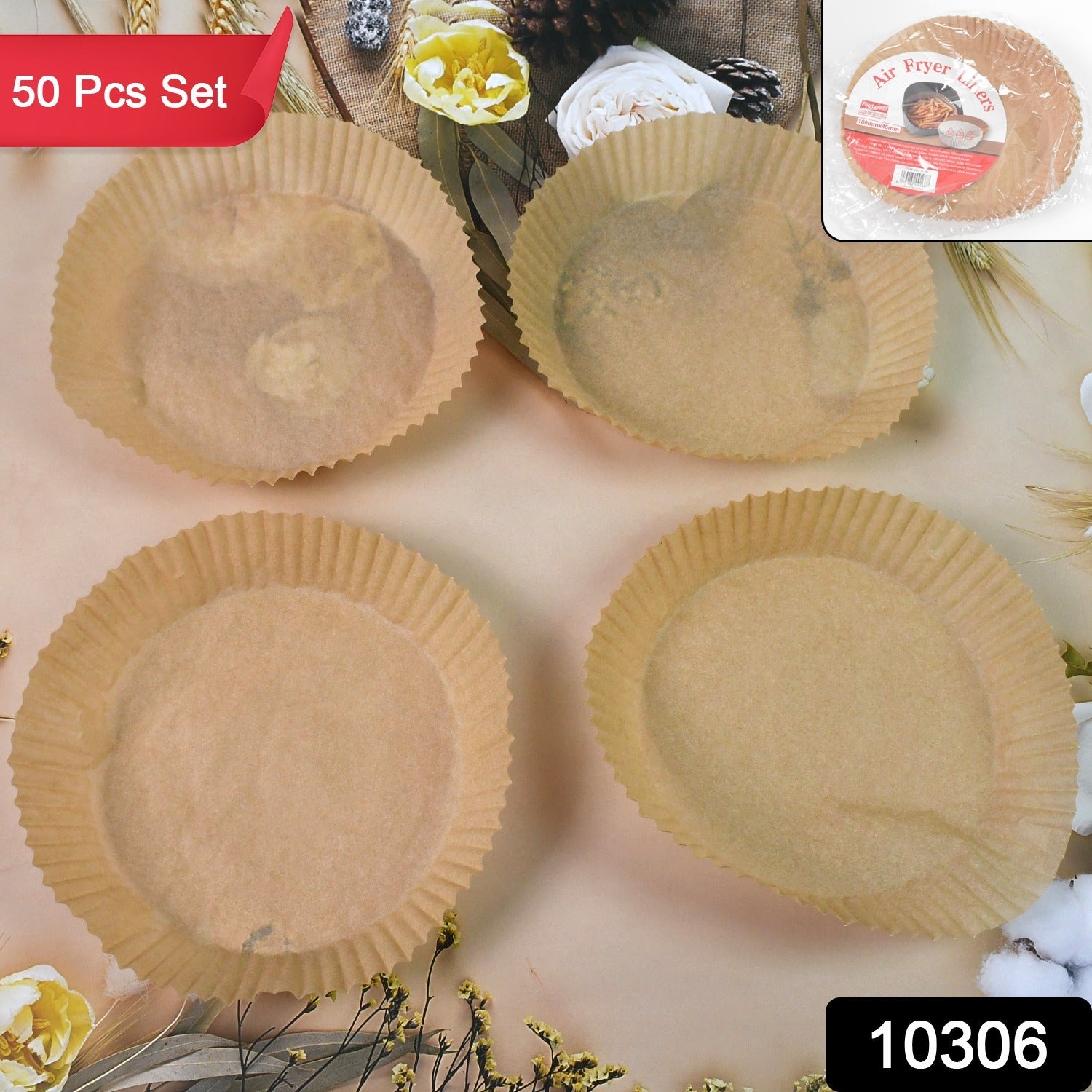 A single round air fryer liner made from non-stick parchment paper in an air fryer basket.