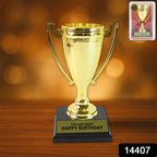 Birthday trophy displaying 'Best Day Ever' message on gold plastic award