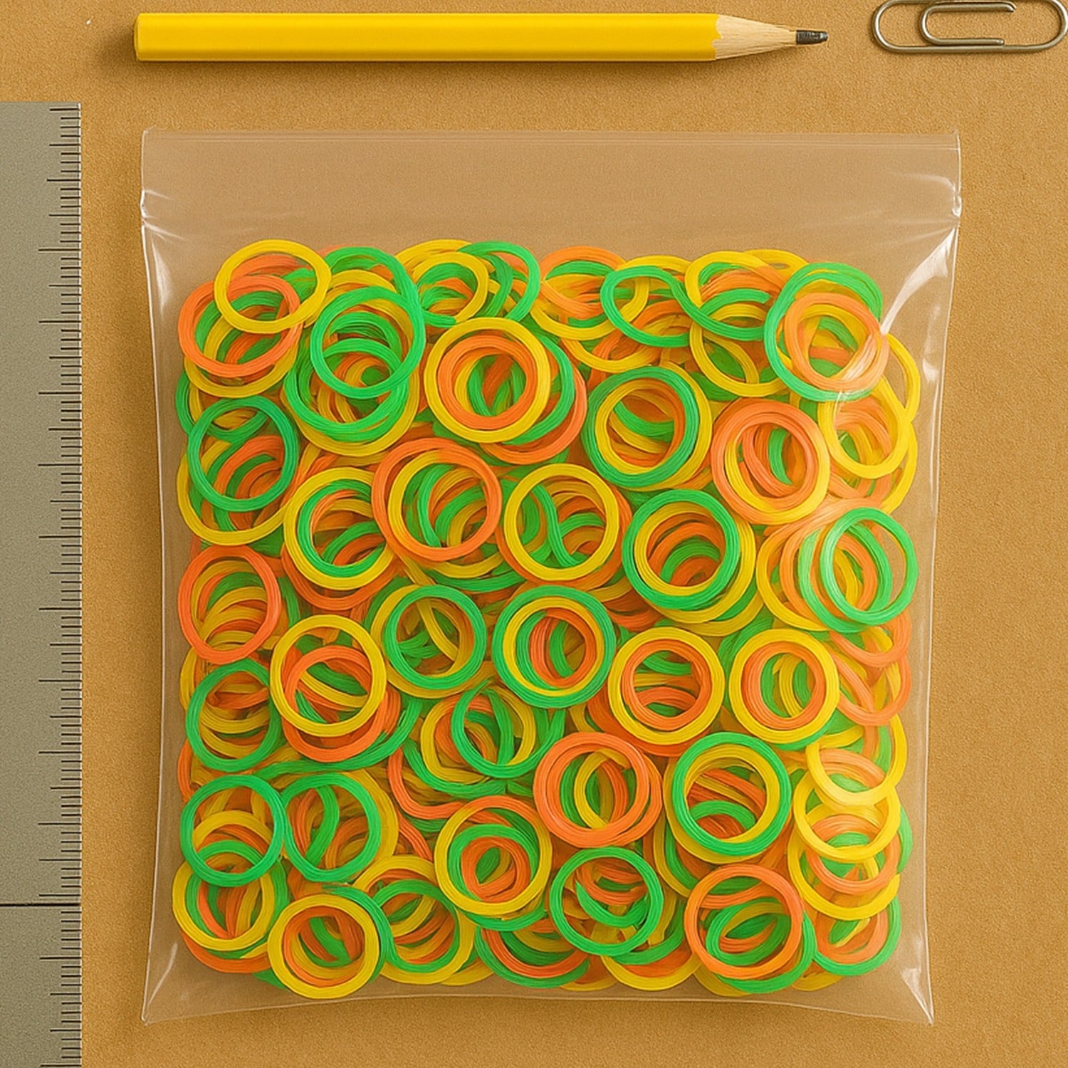 Assorted elastic rubber bands, ideal for organizing kitchen and school supplies.