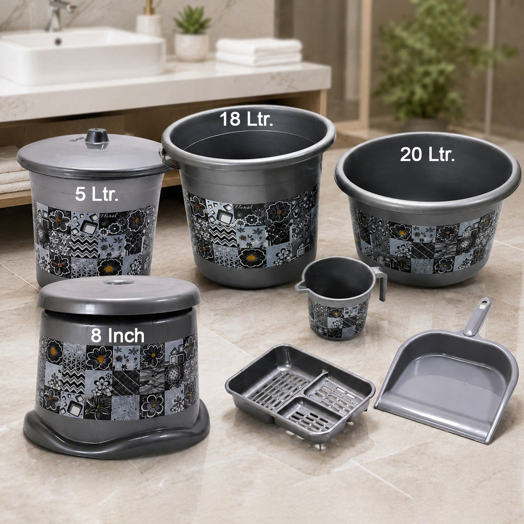 Front view of the coffee brown 7-piece plastic bathroom set, ready for use in an Indian home.