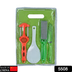 Complete kitchen tool set featuring a plastic cutting board and stainless steel knives.