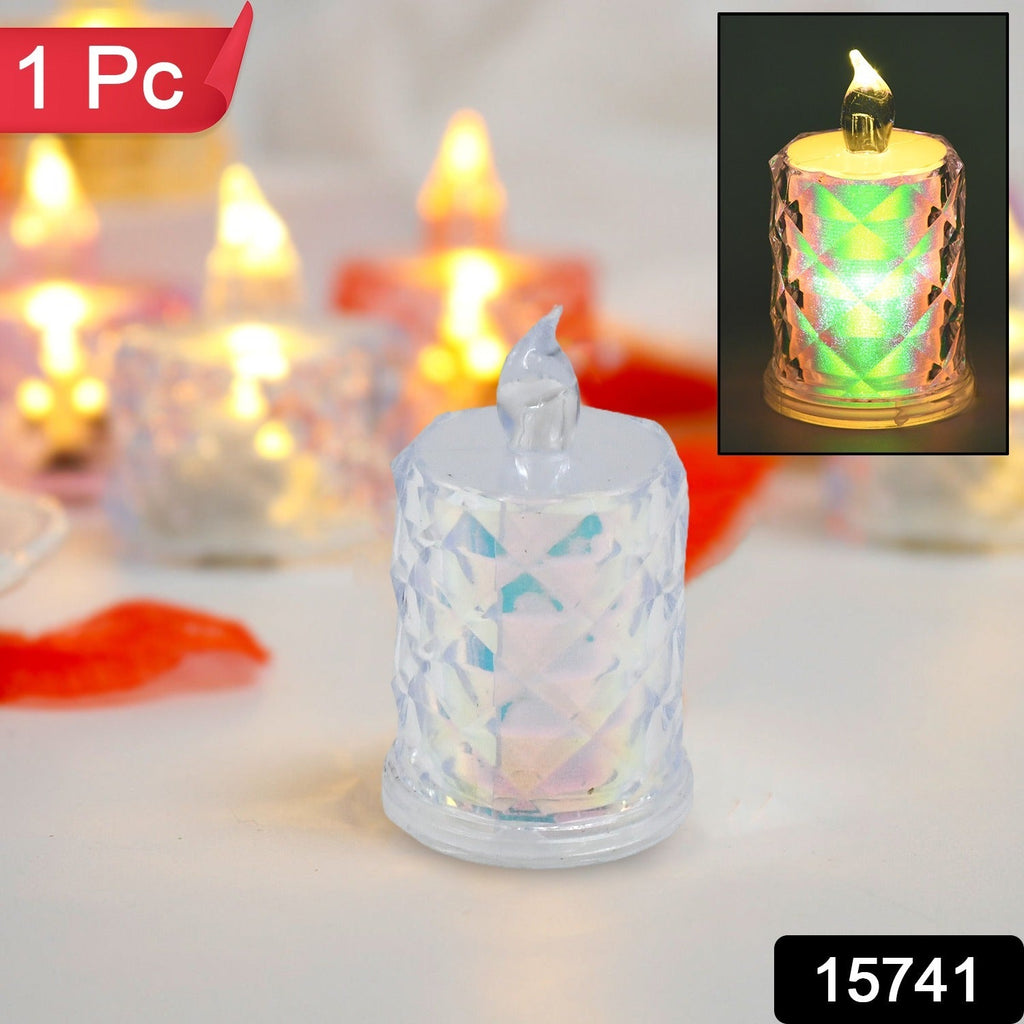 Close-up of a flameless LED tealight candle, ideal for Diwali decorations and safe use.