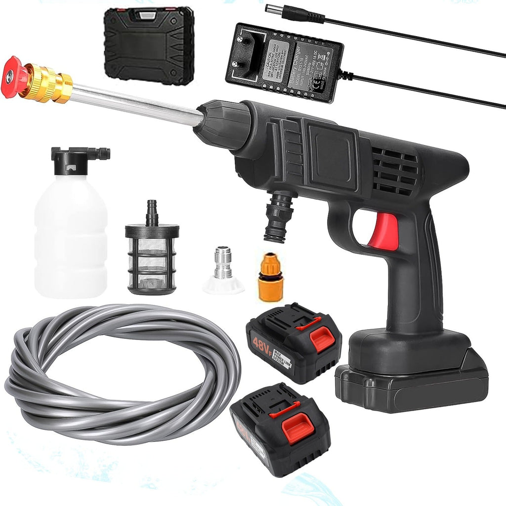 Close-up of the adjustable spray nozzle on the powerful cordless car washer gun.