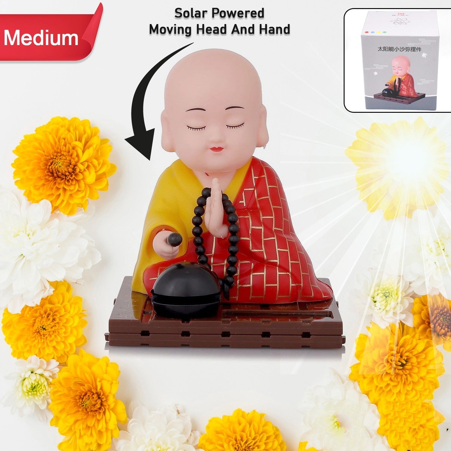 Decorative Solar Buddha Statue, showcasing its compact size for versatile placement.