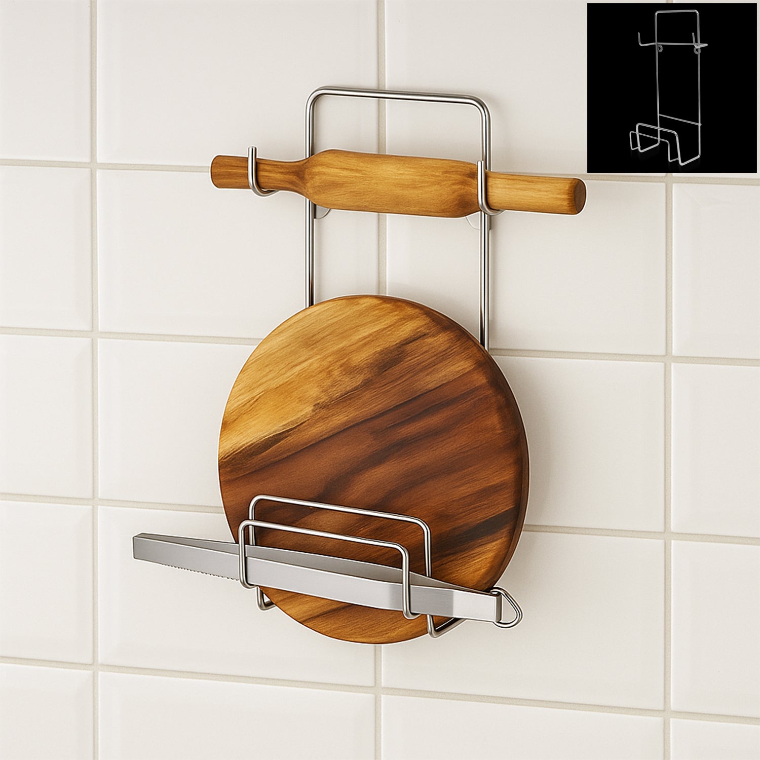 Stainless steel chakla belan chimta stand holding a rolling pin and tongs, showcasing kitchen organization.