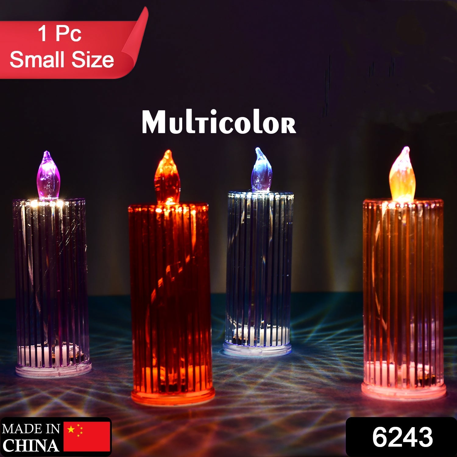 Close-up of the vibrant multicolor glitter swirling inside the LED Crystal Candle.