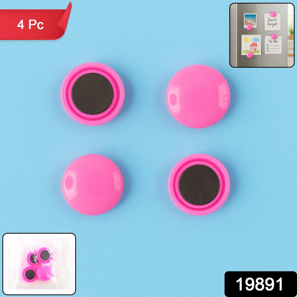 A set of colorful Round Fridge Magnets holding multiple papers securely on a refrigerator door.