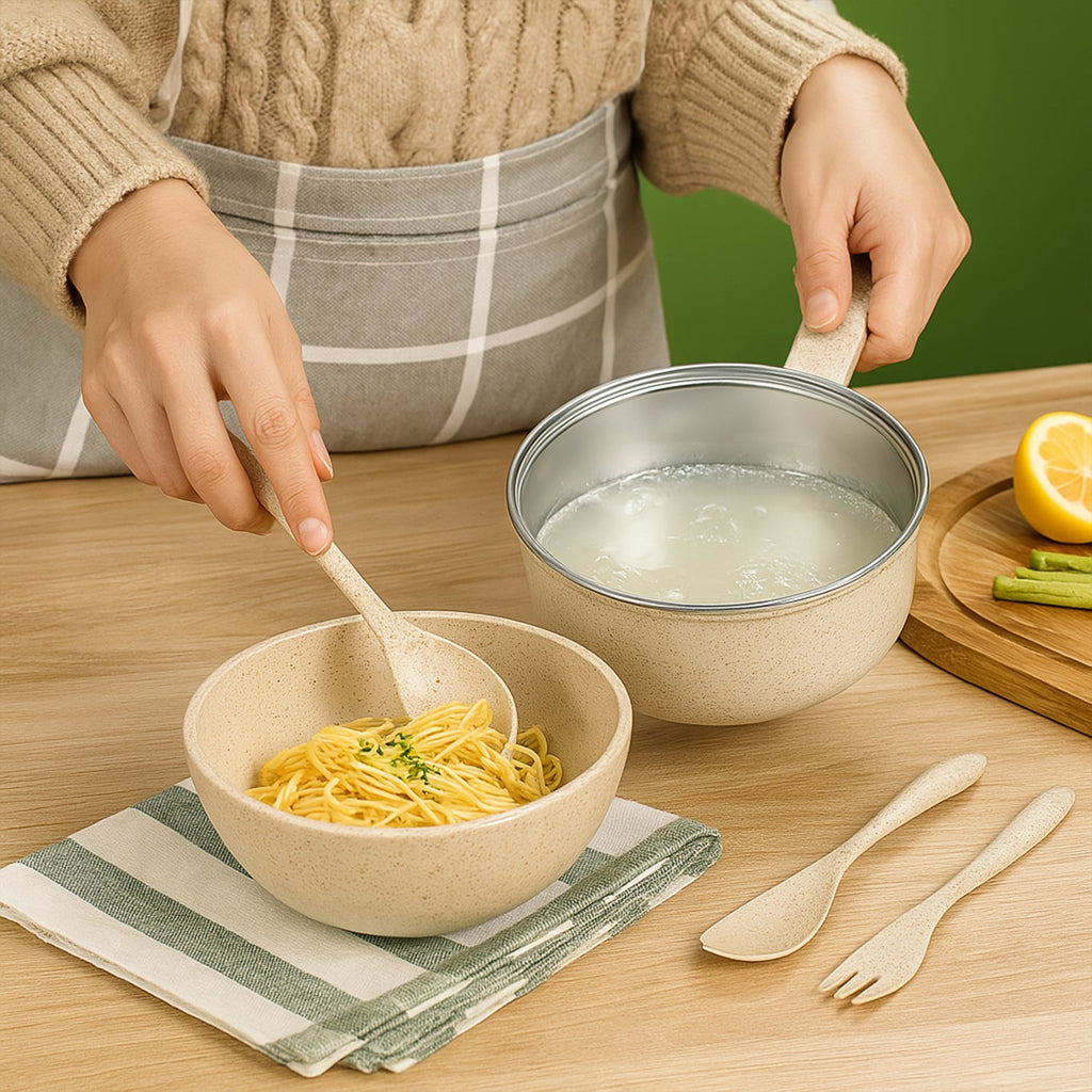 Complete Wheat Straw Rice Bowl Set with lid, handle, and cutlery components displayed.