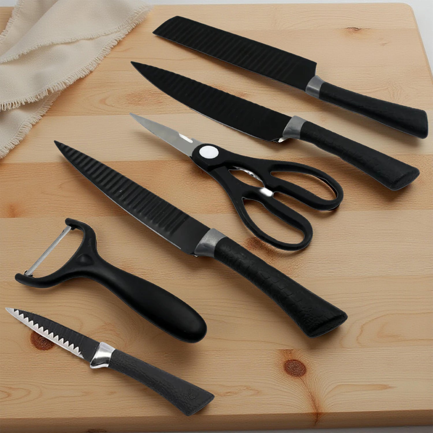 CookAura 6-piece professional Kitchen Knife Set displayed with included peeler and scissors.