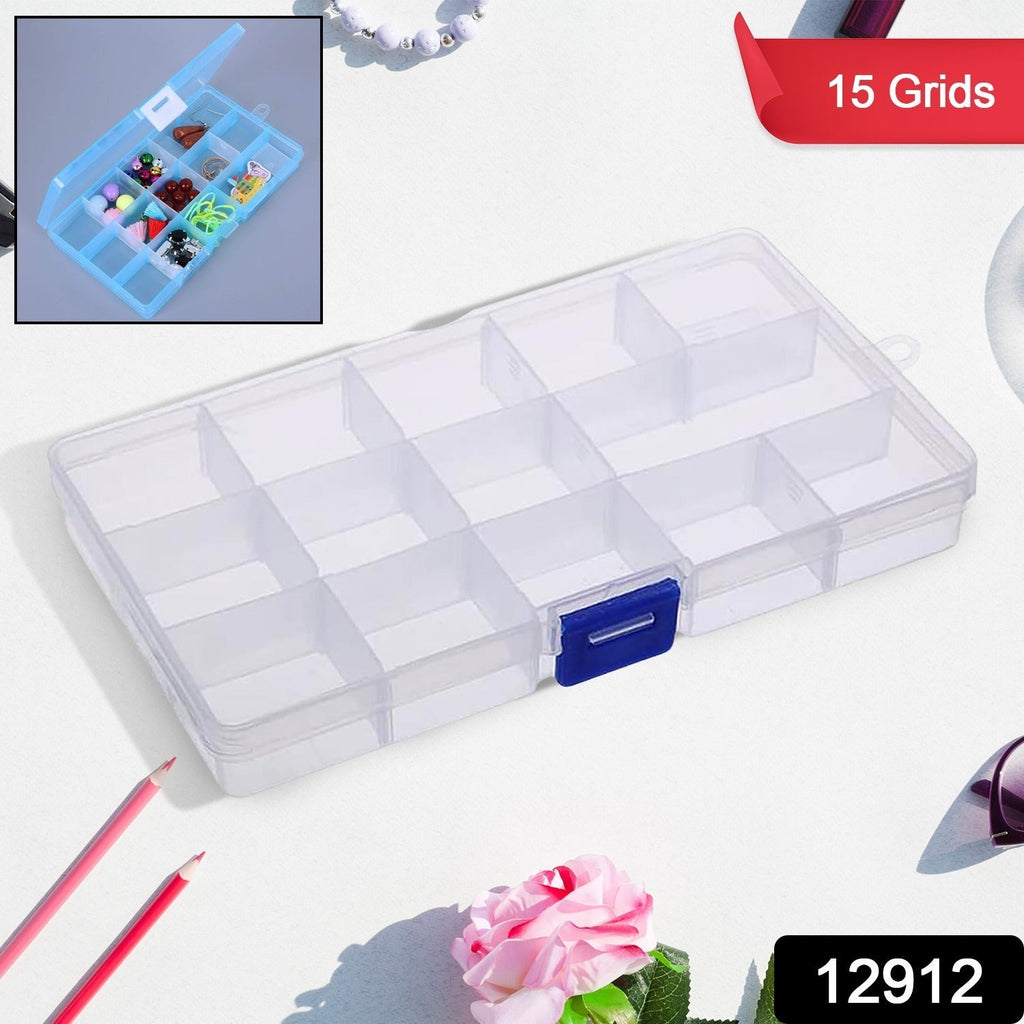 Transparent jewellery storage box with 15 compartments, ideal for earrings, rings, and beads.