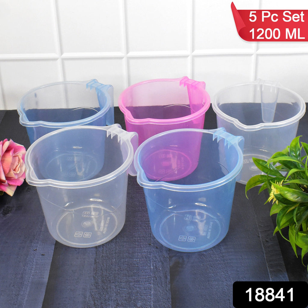 Set of five durable 1200 ML plastic bath mugs with a comfortable handle.