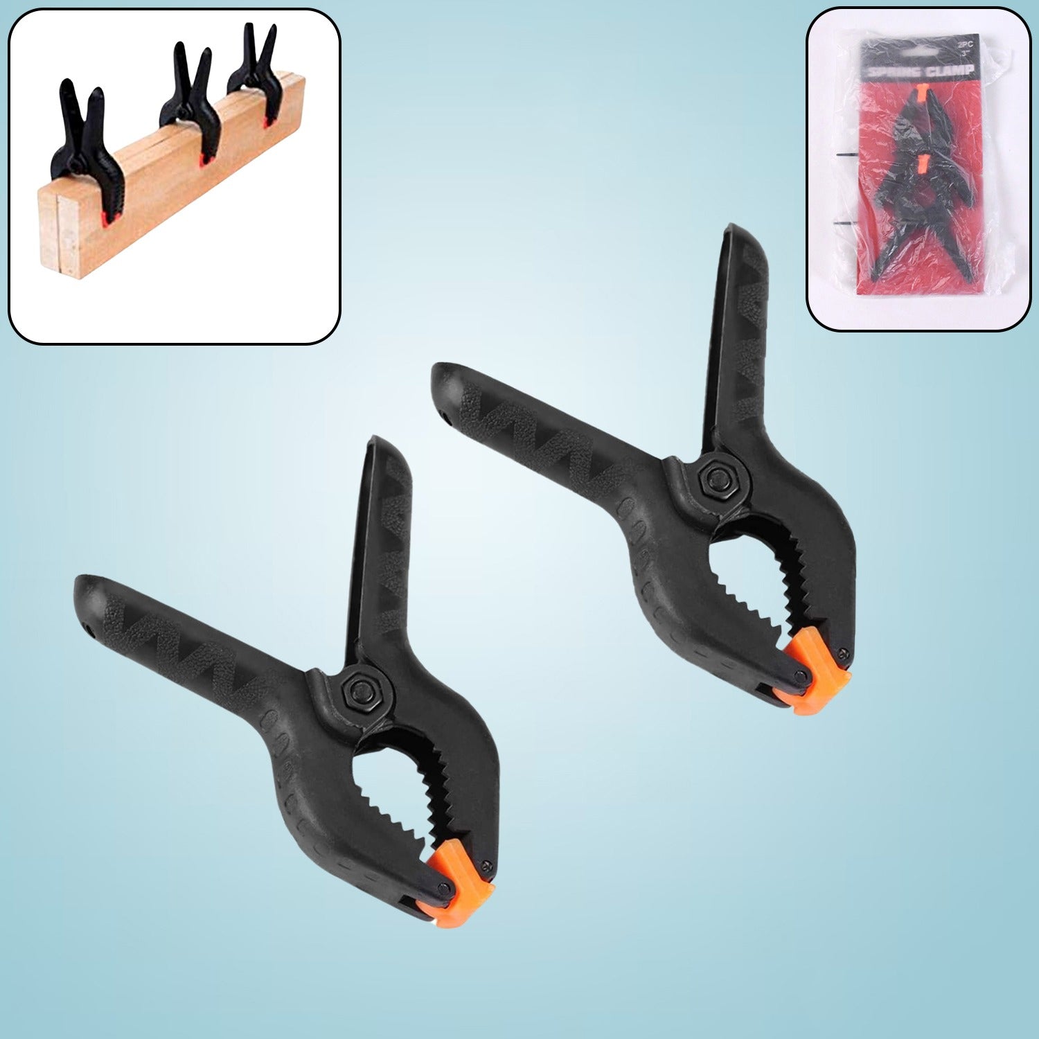 Close-up of a pair of heavy-duty spring clamps for mobile device screen repair.