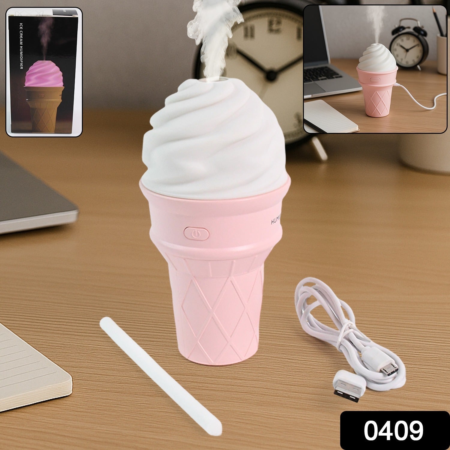 LED desktop humidifier in ice cream cone design showing mist and mood light