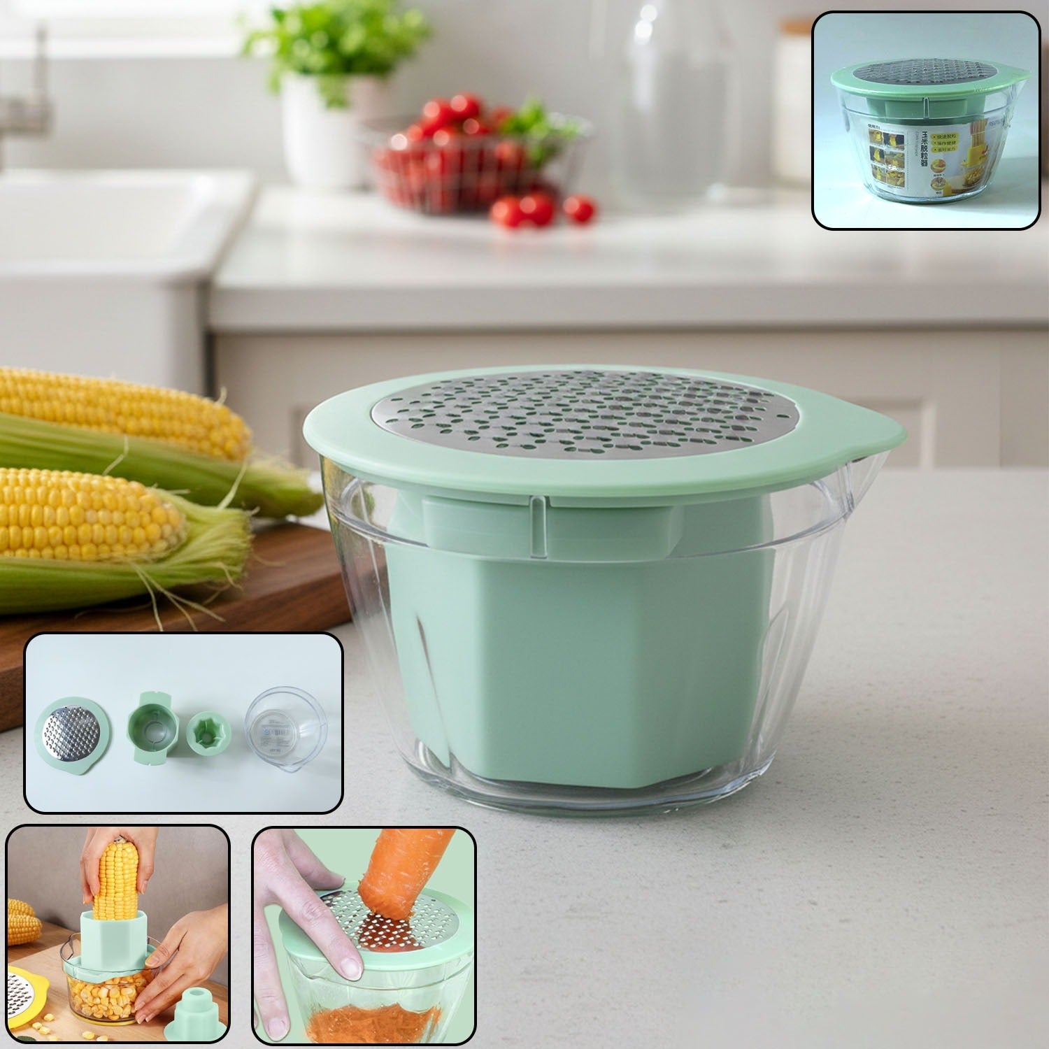 Manual vegetable grater with integrated storage bowl filled with shredded vegetables