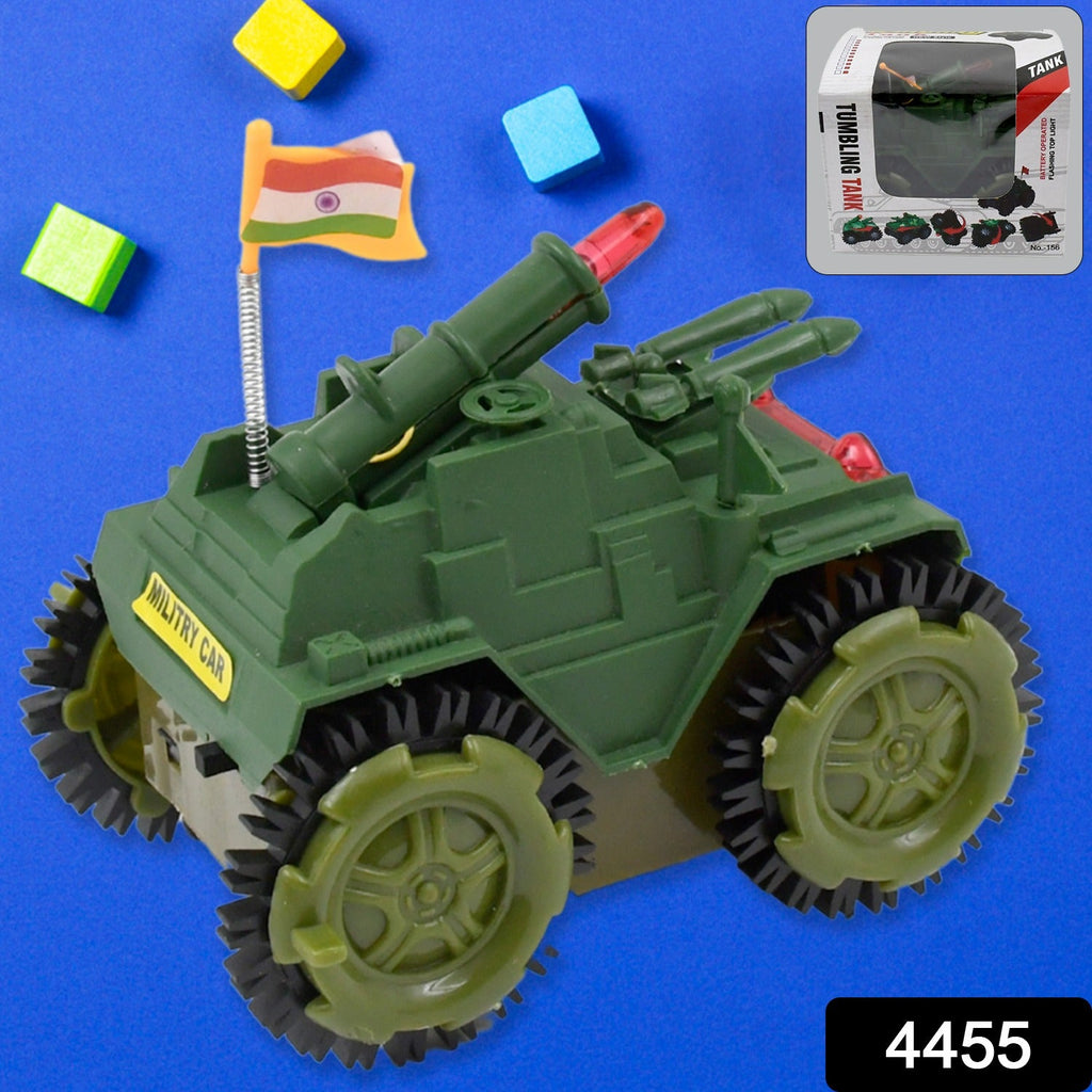 Side angle of the Tumbling Tank Toy Car, highlighting its compact and sturdy build.