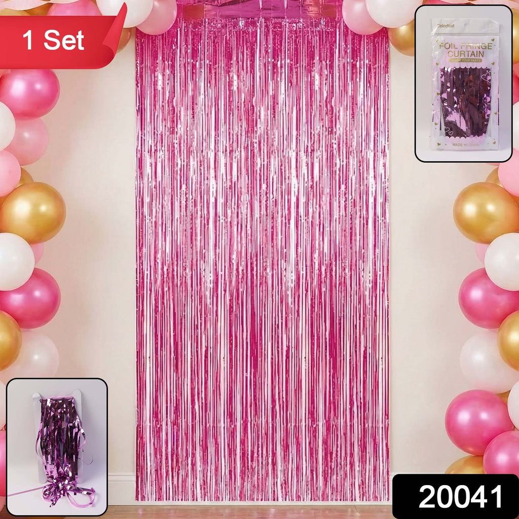 Metallic foil fringe curtain in vibrant color perfect for festive party decorations.
