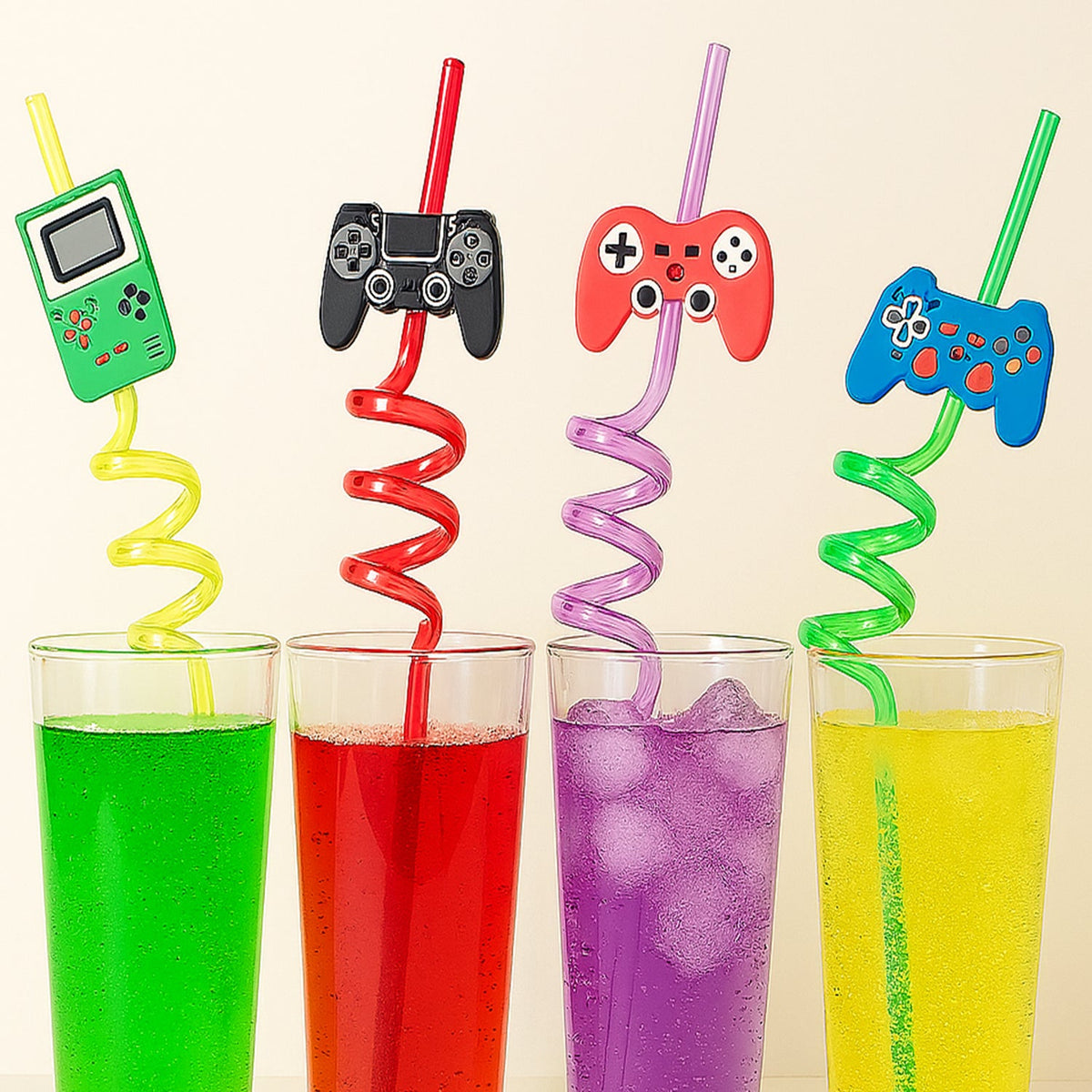 Set of 4 reusable plastic truck design drinking straws for kids' parties.