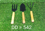The ergonomic handles of the hand cultivator, trowel, and garden fork, designed for comfort.