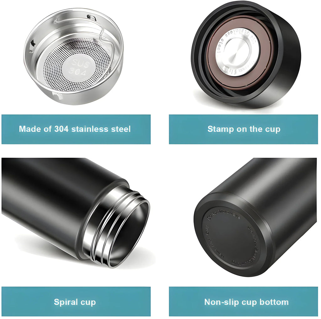 Angle view of smart vacuum insulated water bottle displaying temperature