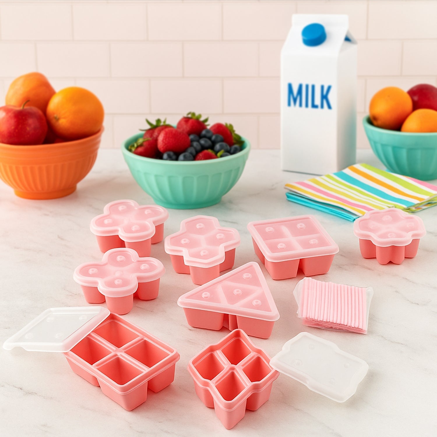 TinyTrendy Silicone Ice Mold Set showcasing 8 fun, BPA-free shapes.