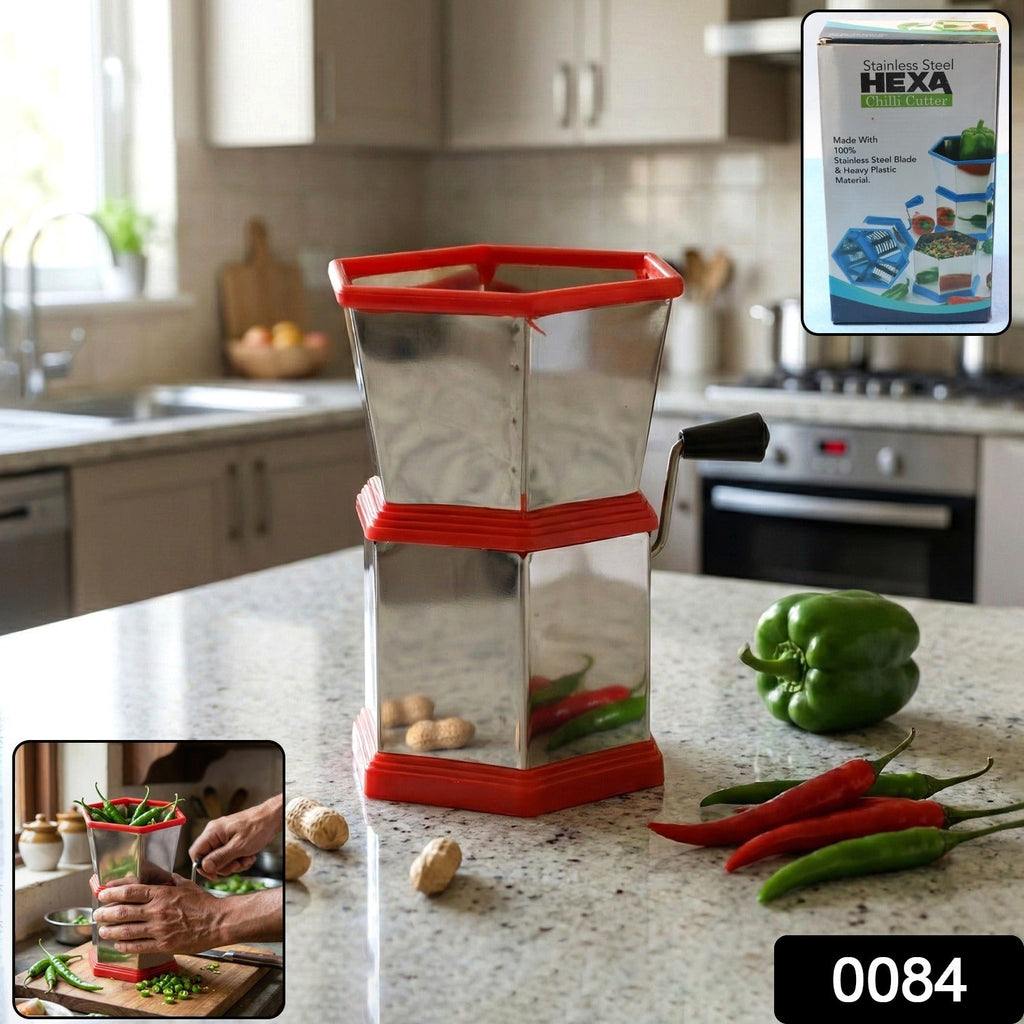 Hexa-style hand-operated chilli cutter showing sturdy body and blades