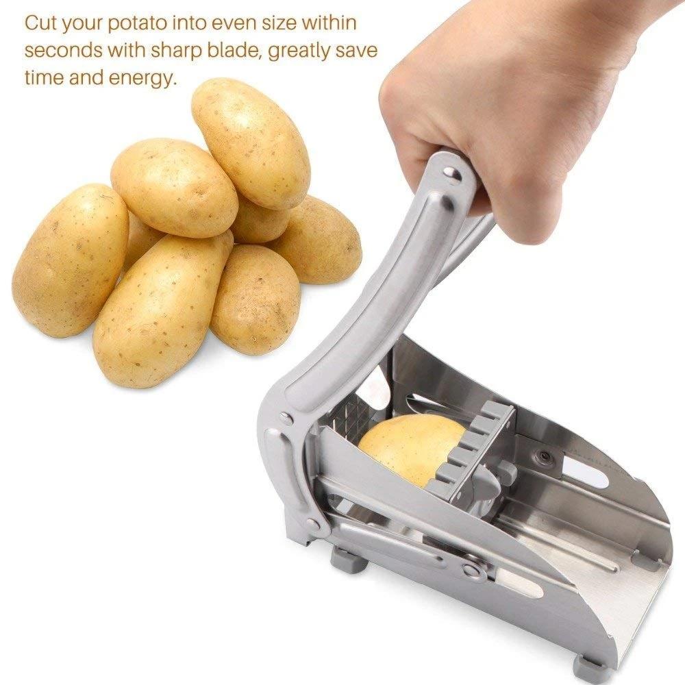 Top-down view of the French fries cutter with freshly sliced potato sticks.
