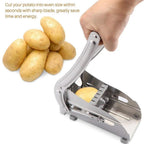 Top-down view of the French fries cutter with freshly sliced potato sticks.